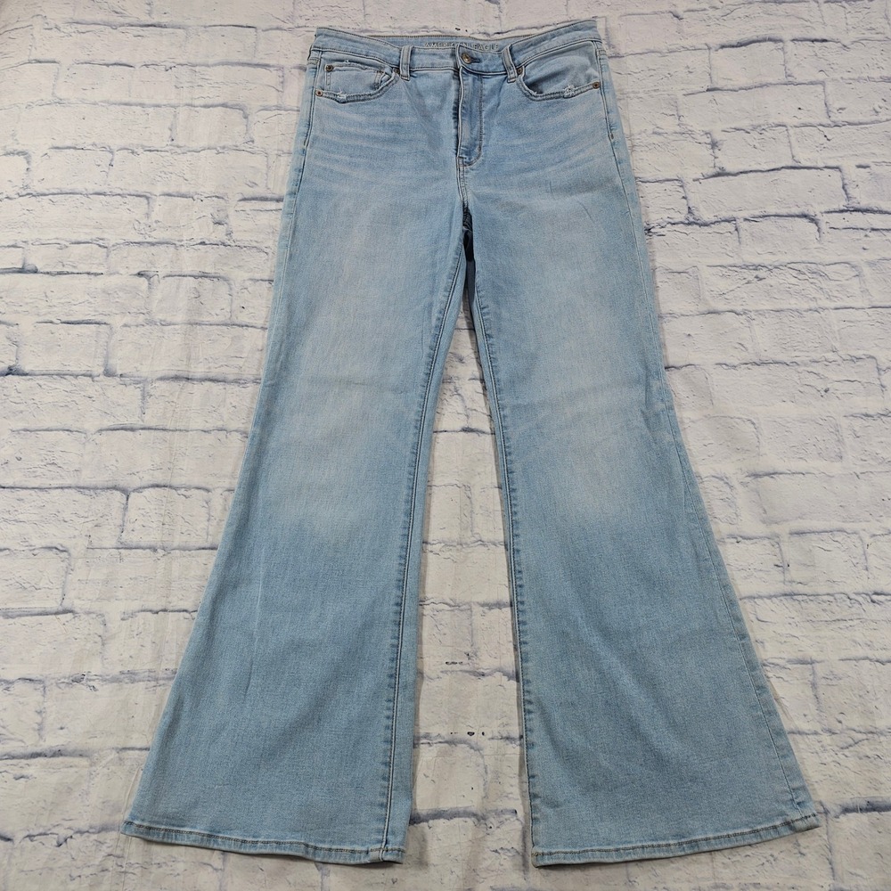 American Eagle Flare Jeans Women 12 Light Wash Super High Rise Stretch Boho Blue